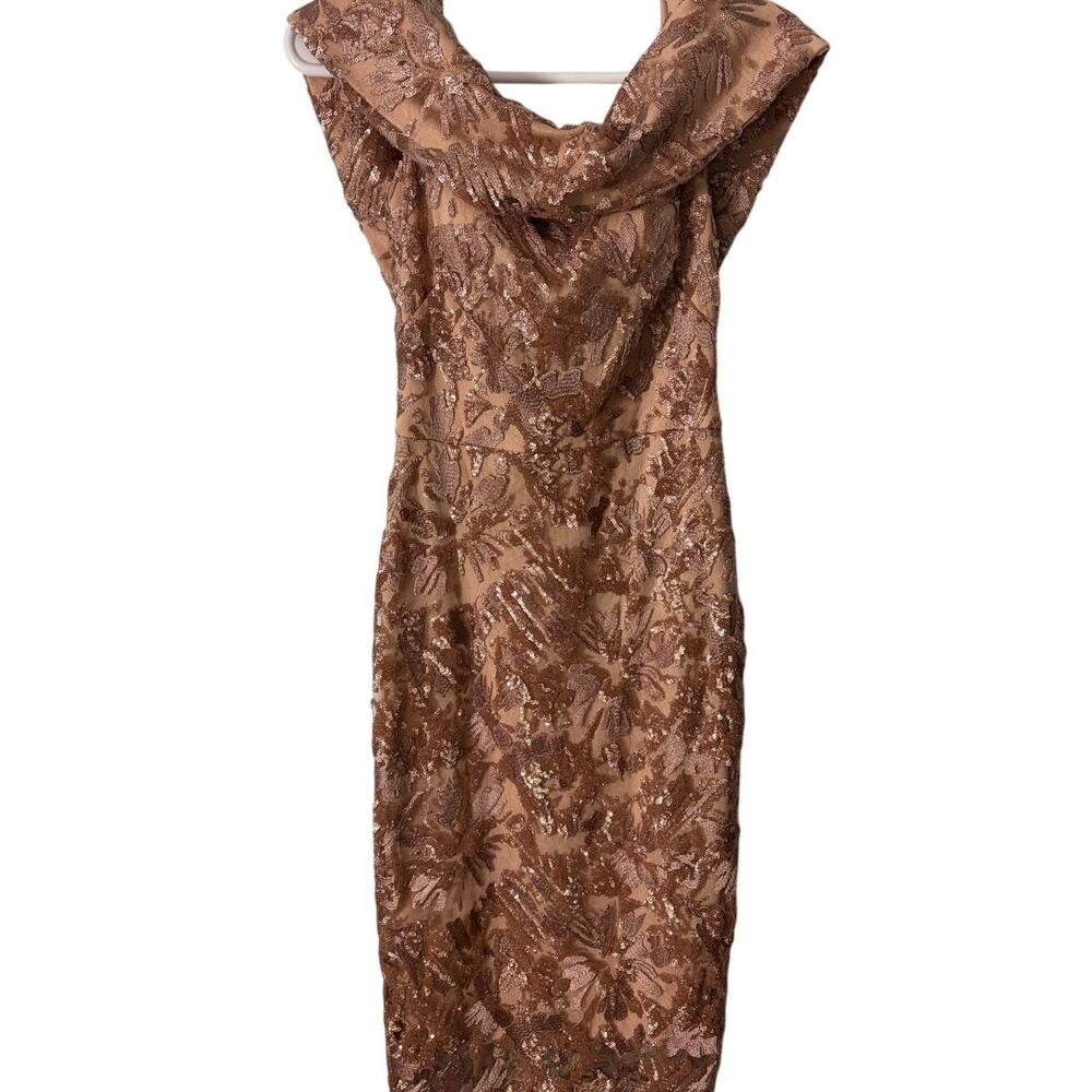 Nicole Bakti Gold Sequin Embroidered Off Shoulder Cocktail Dress 4 Wedding Guest